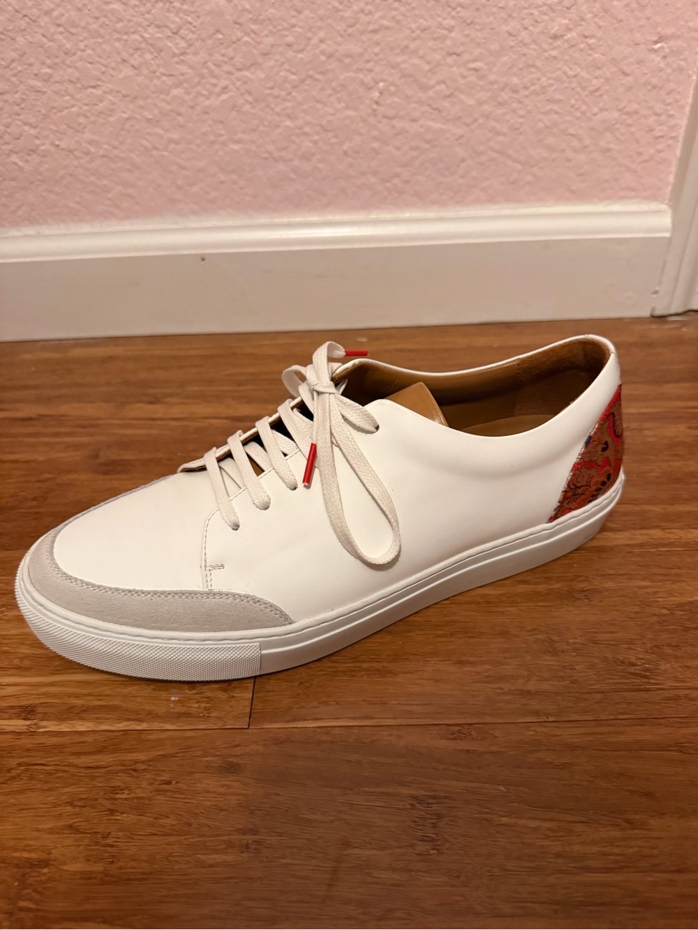 Taft White Leather Sneakers with Red Heel Embroidery